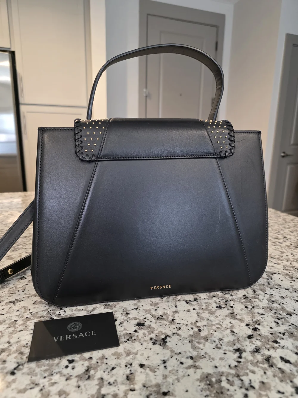 Versace Black Leather Satchel with Gold V Leaf Emblem
